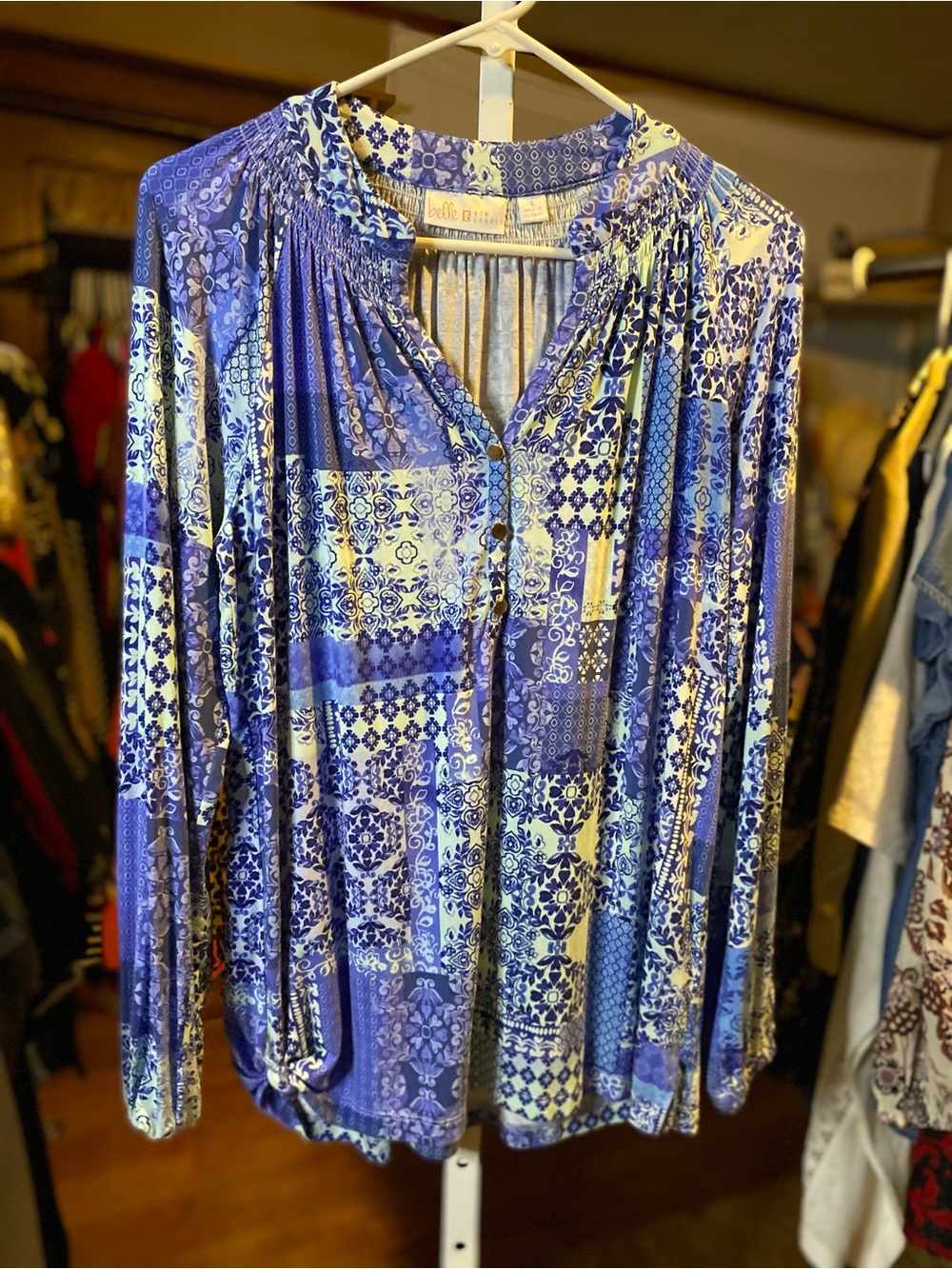 Belle by Kim Gravel Blue Patchwork Print Long Sleeve Blouse